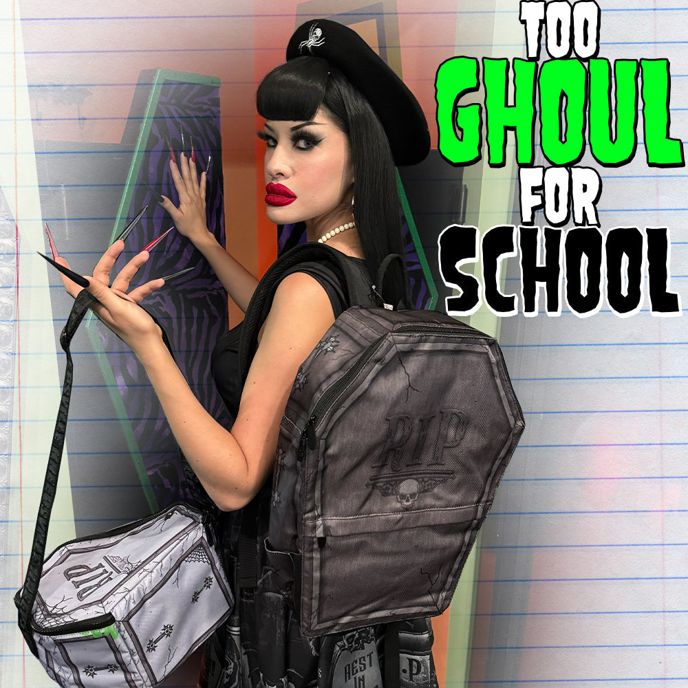 A woman in a zombie or ghoul costume stands against a lined-paper background, wearing a black beret, black outfit, and a large black backpack with 'RIP' printed on it. She is holding a gray crossbody bag.