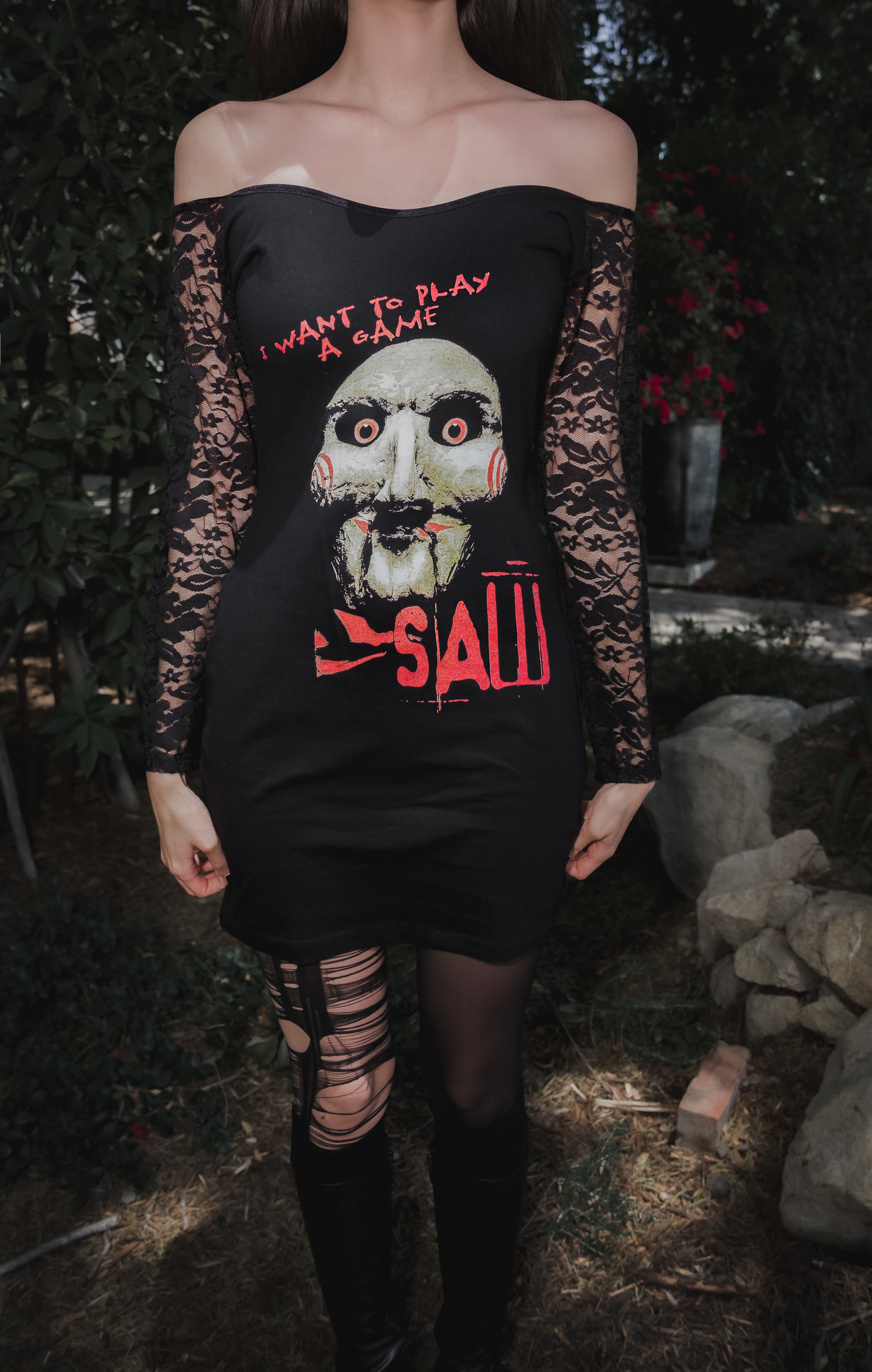 Vera's Eyecandy Saw Off-Shoulder Lace Dress