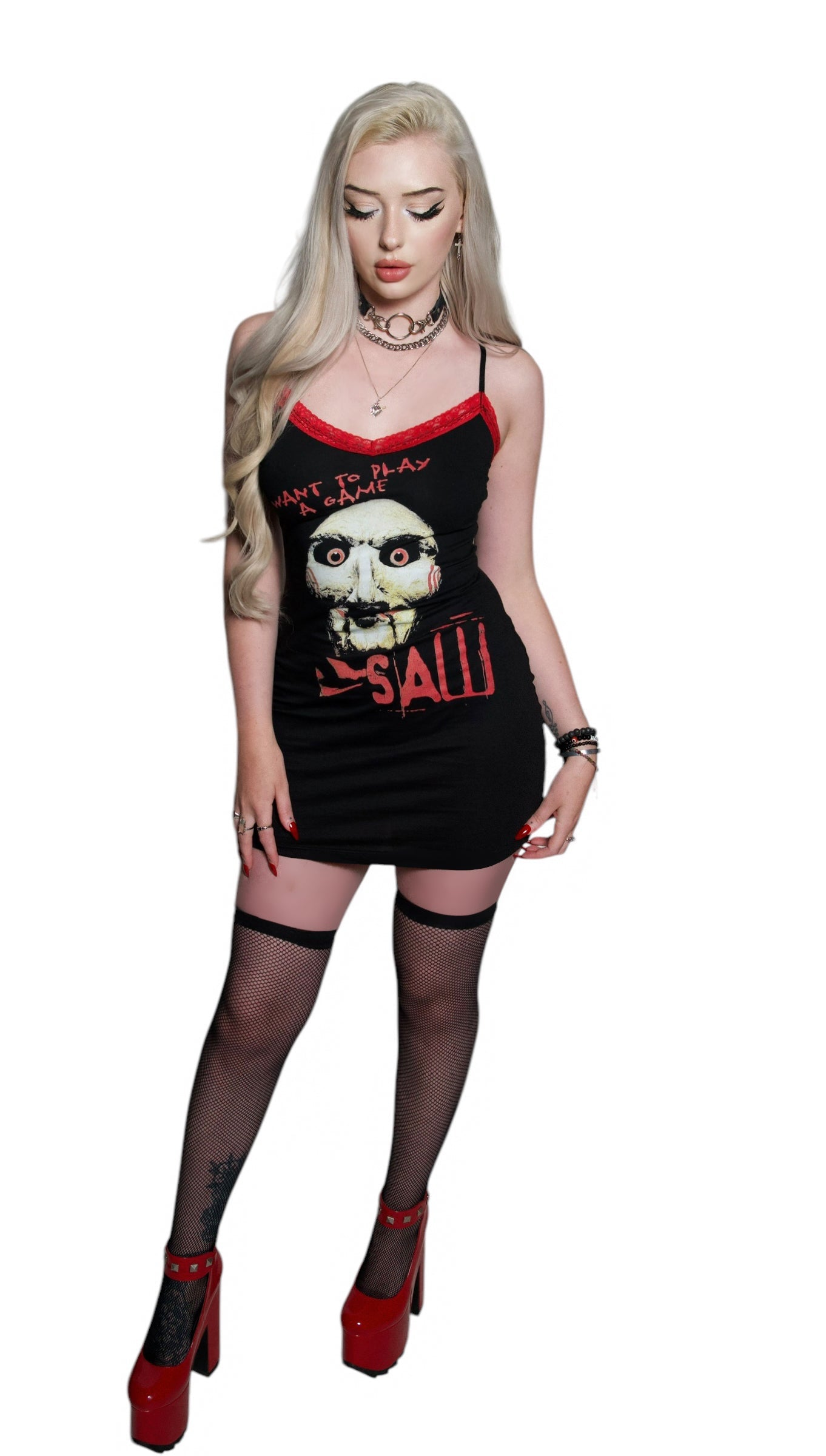 Vera's Eyecandy Saw Red Lace Strap Dress