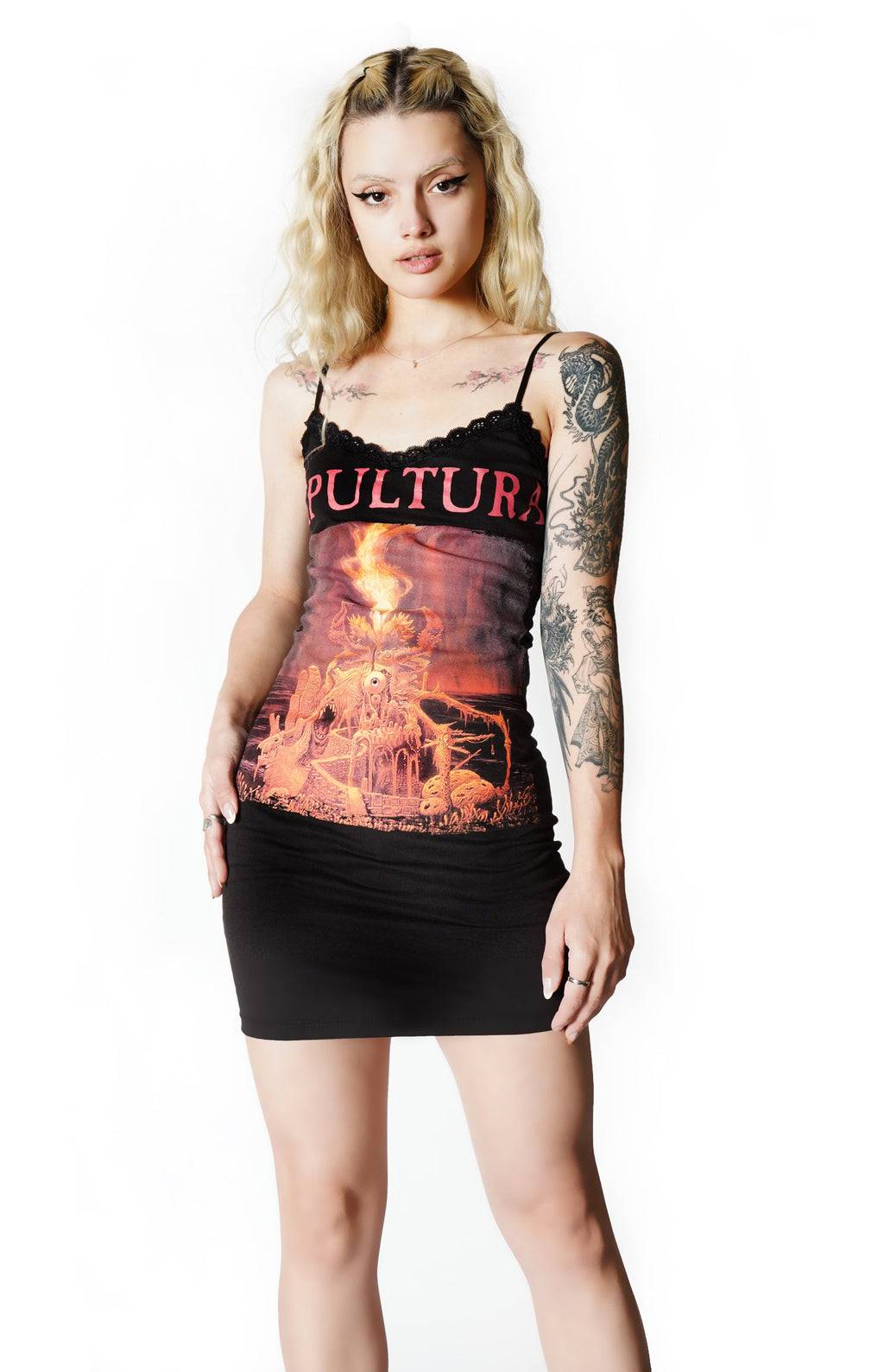 Vera's Eyecandy Sepultura Lace Strap Metal Dress