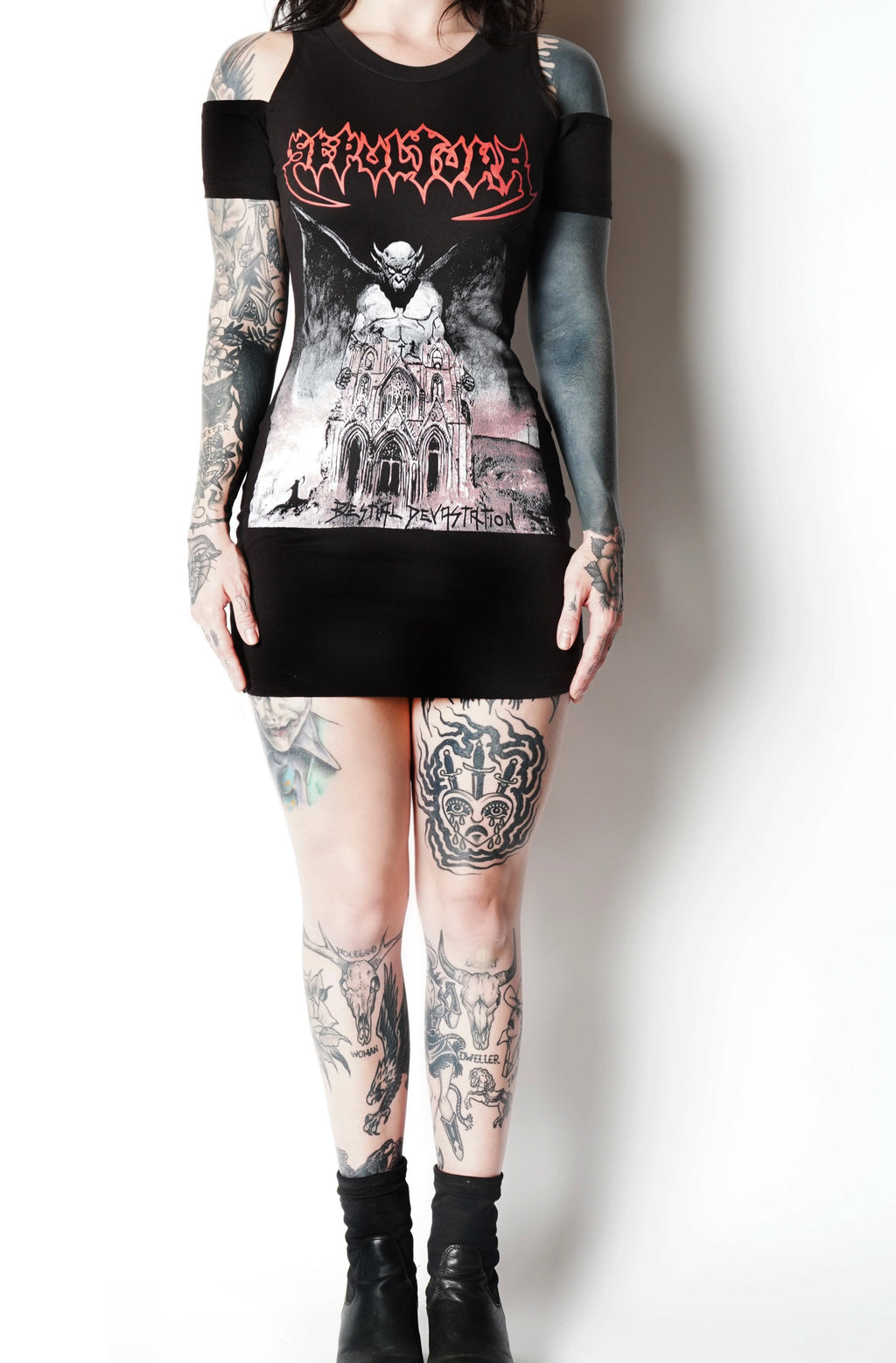 Vera's Eyecandy Sepultura Shoulder-Cut Metal Dress