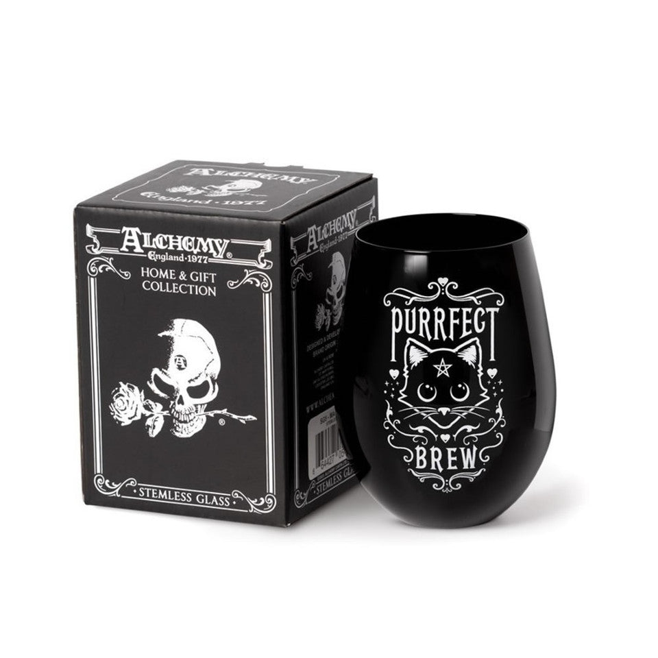 Alchemy Gothic Purrfect Brew Cat Black Stemless Wine Glass SG1