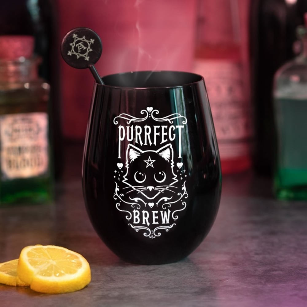 Black wine glass with a white cat design and text on a white background