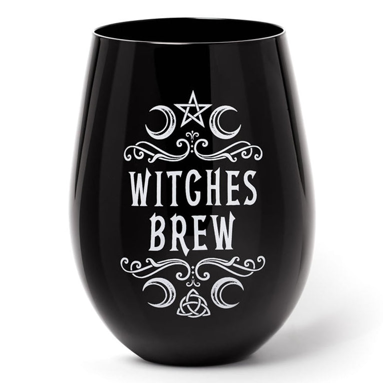 Black wine glass with 'Witches Brew' text and decorative elements on a white background