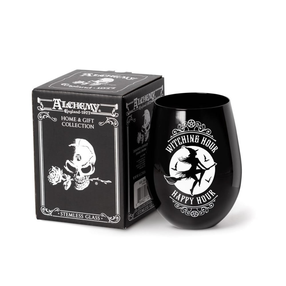 Black stemless glass with white design and 'Alchemy' packaging on a white background