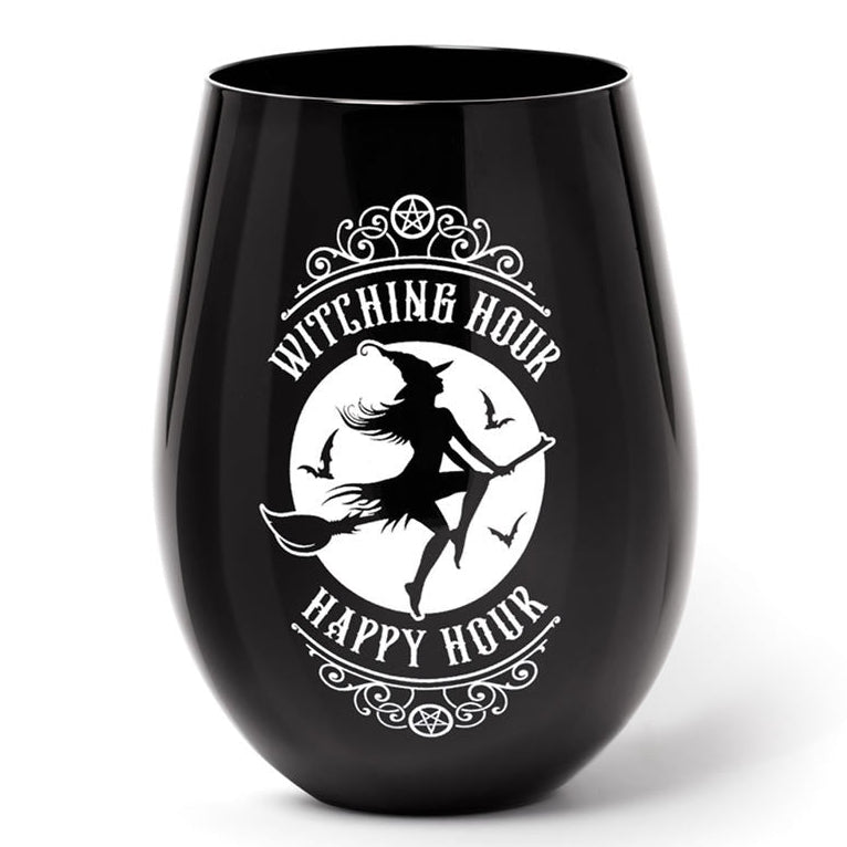 Black wine glass with white graphic and text on a white background