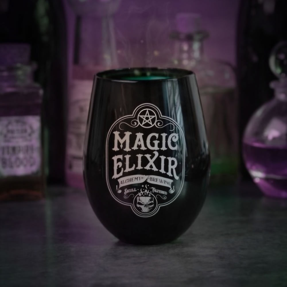 Black glass with 'Magic Elixir' label against a mystical background