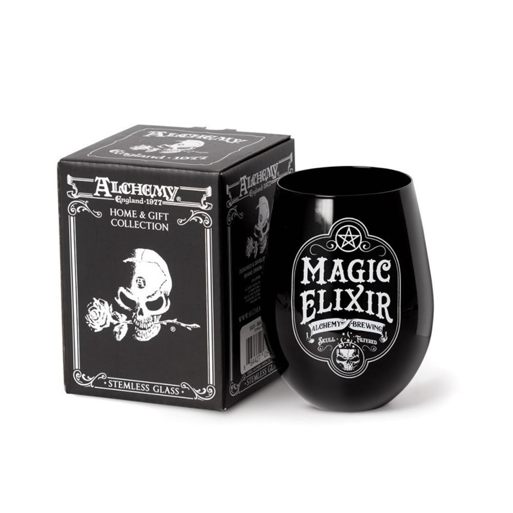 Black stemless glass with 'Magic Elixir' label and packaging on a white background