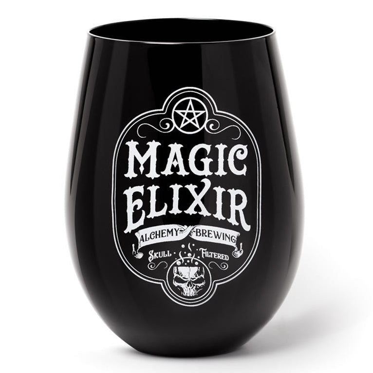 Black tumbler with 'Magic Elixir' design on a white background