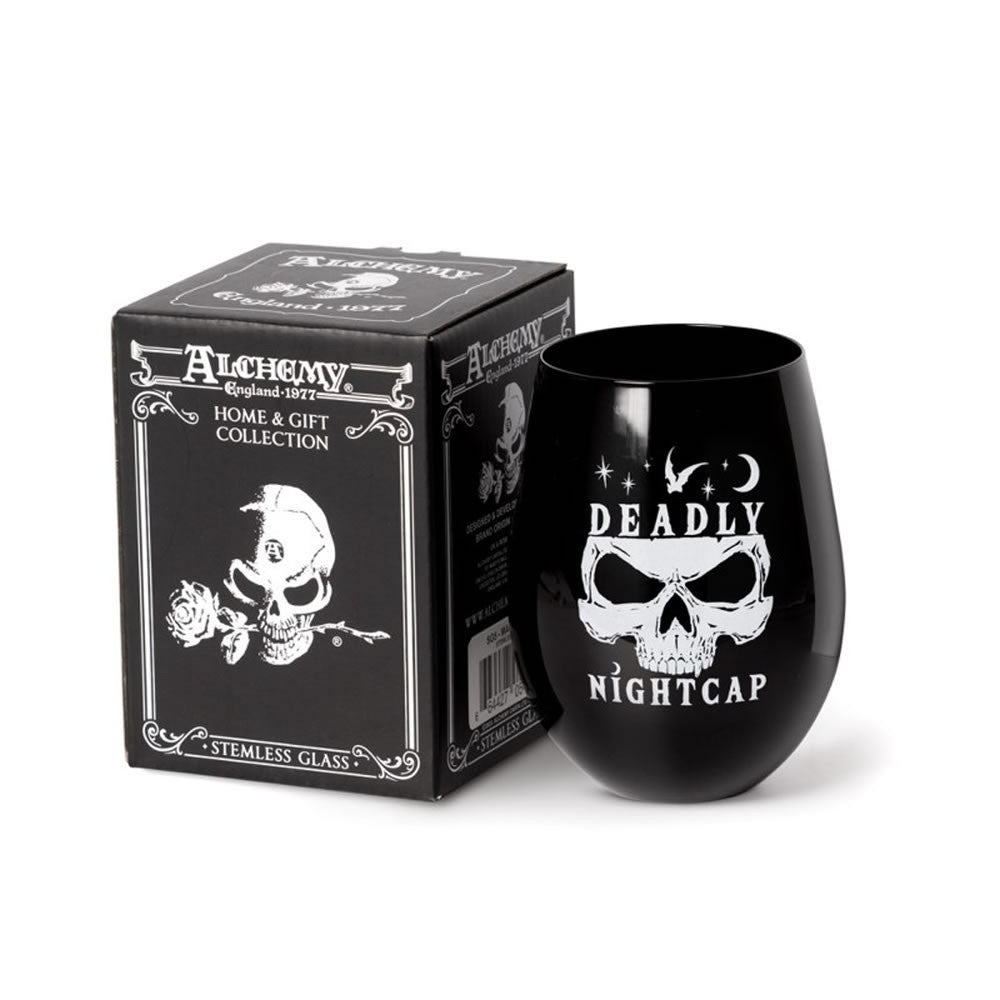 Black stemless glass with skull design and 'Deadly Nightcap' text, next to its packaging box.