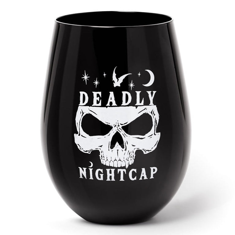 Black wine glass with a white skull design and text on a white background