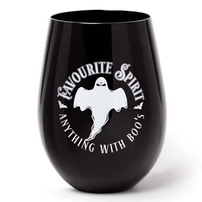 Black stemless wine glass with a ghost design and text on a white background