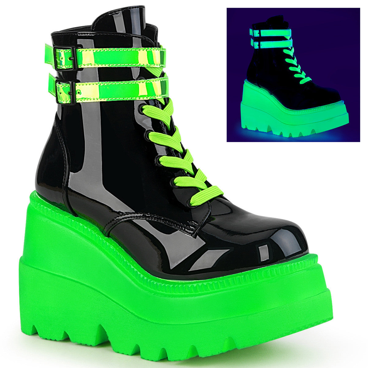 Demonia Shaker Black Patent and UV Neon Green