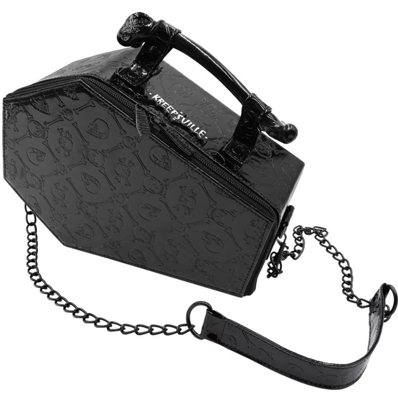 Kreepsville 666 Black Patent Skull Embossed Coffin Purse