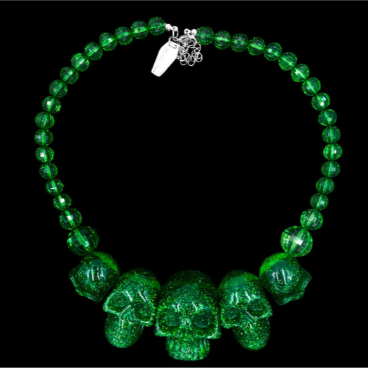 Kreepsville 666 Chunky Skull Necklace Green Glitter Resin