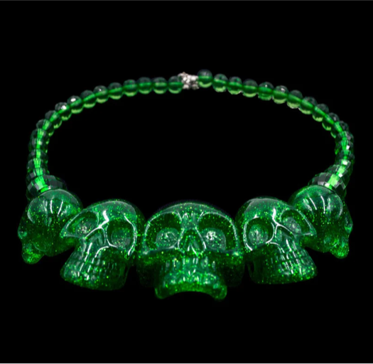 Kreepsville 666 Chunky Skull Necklace Green Glitter Resin