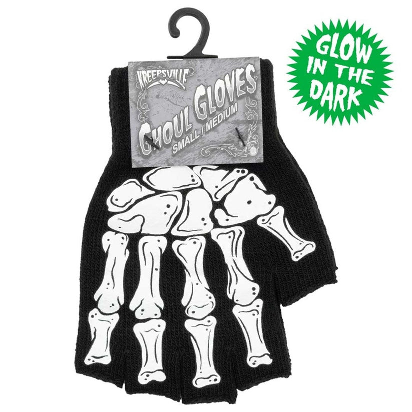 Kreepsville 666 Skeleton Black Glow in Dark Fingerless Gloves 2 Sizes