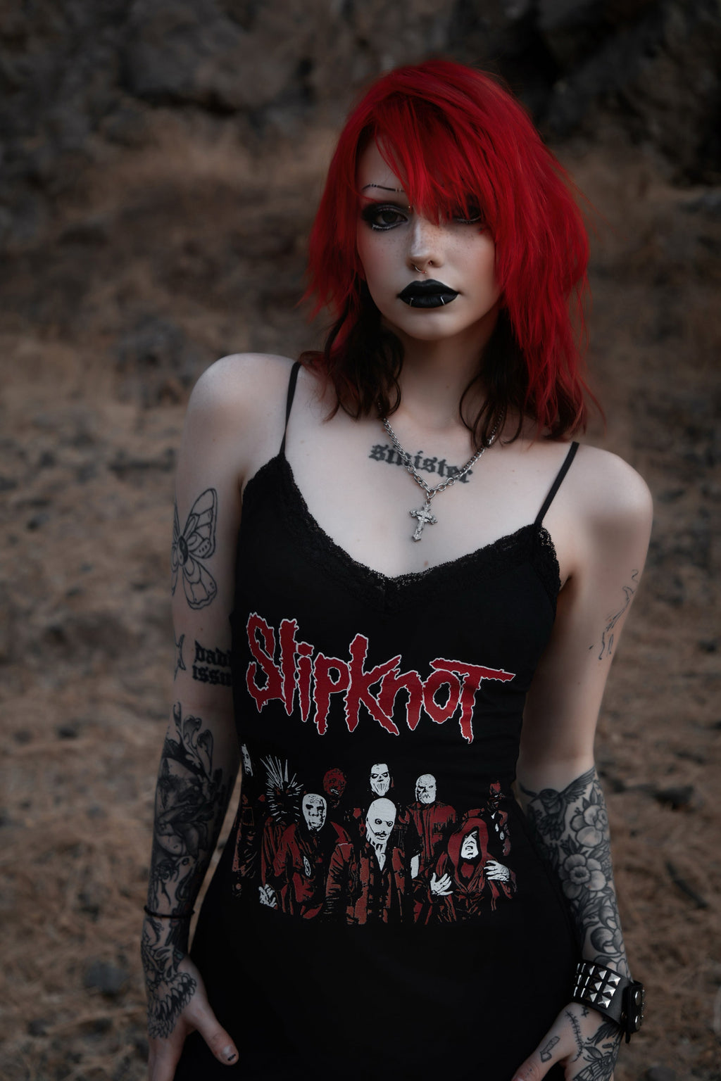 Vera's Eyecandy Slipknot Lace Strap Metal Dress