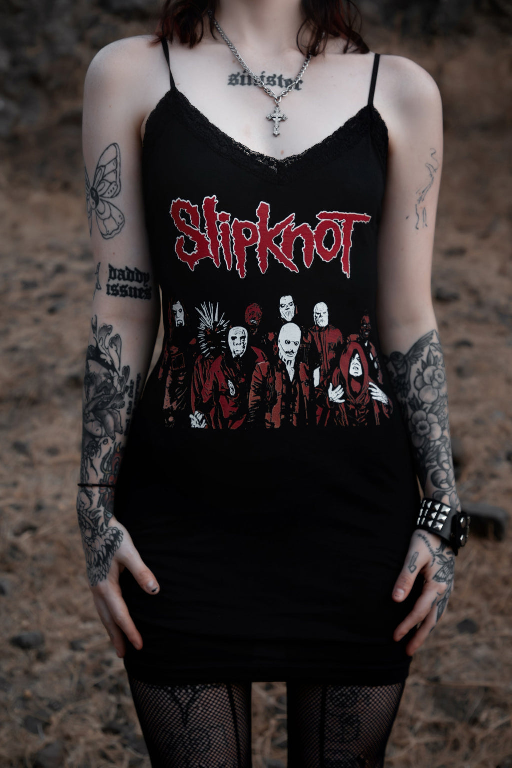 Vera's Eyecandy Slipknot Lace Strap Metal Dress