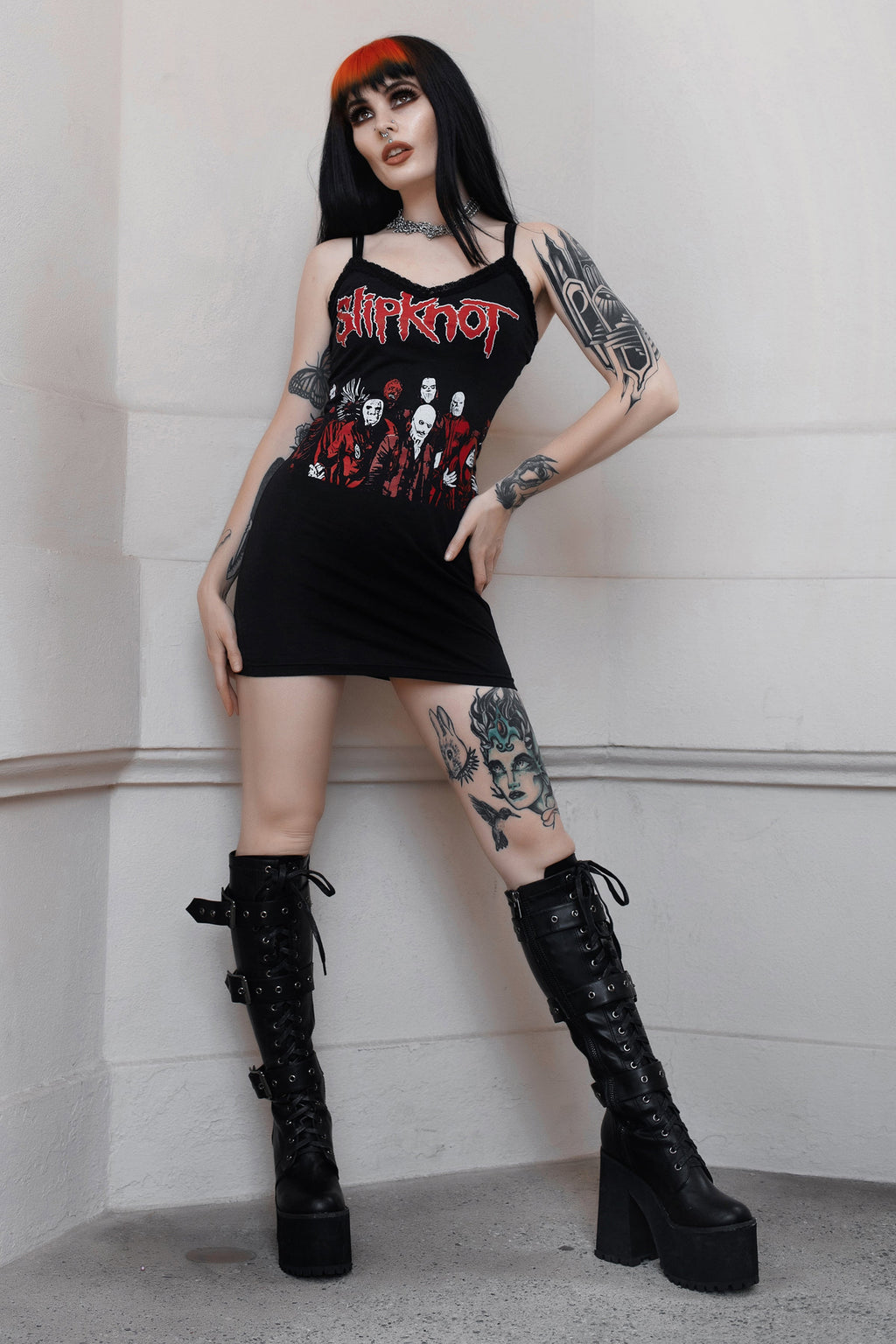 Vera's Eyecandy Slipknot Lace Strap Metal Dress