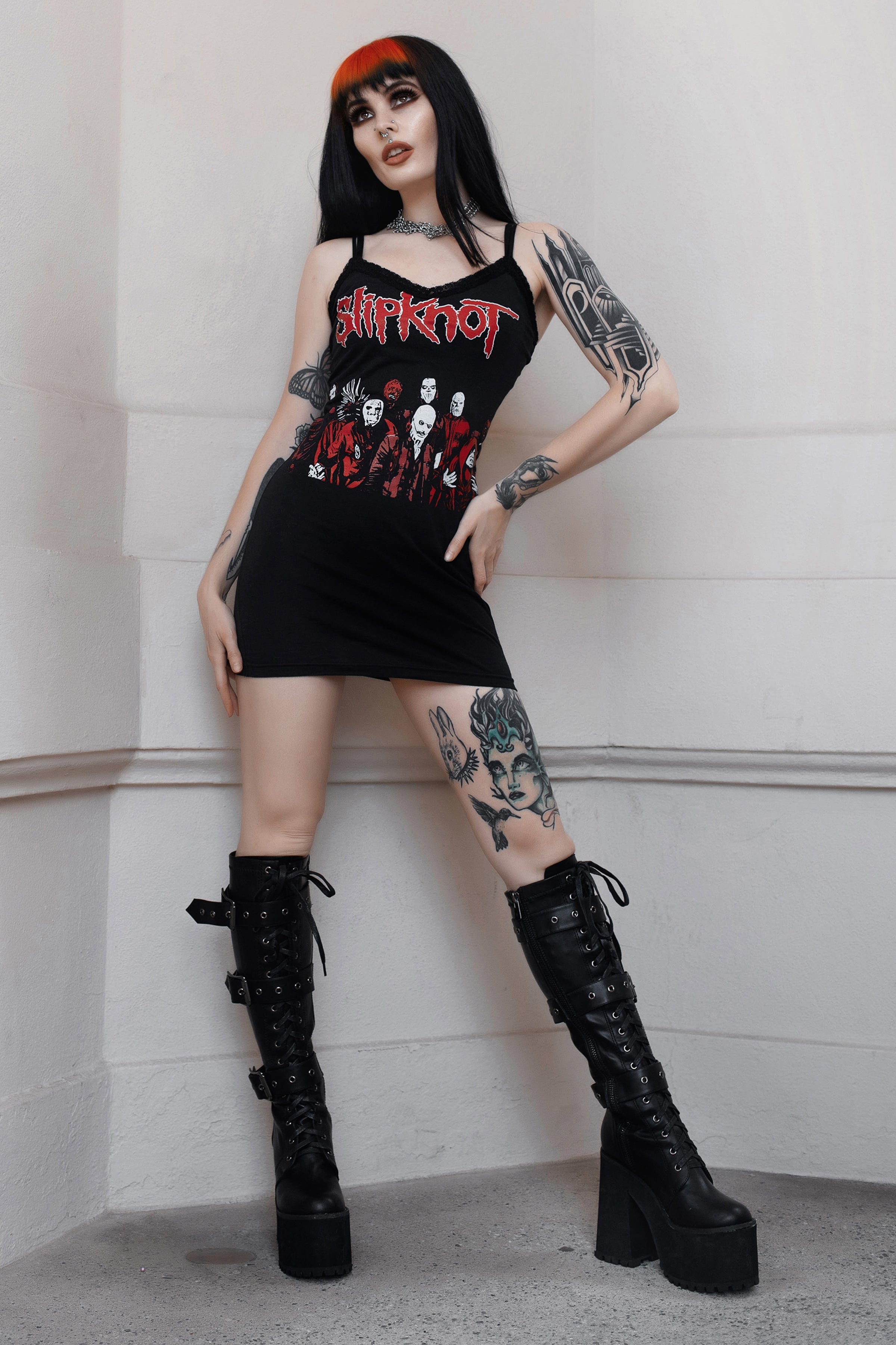 Vera's Eyecandy Slipknot Lace Strap Metal Dress