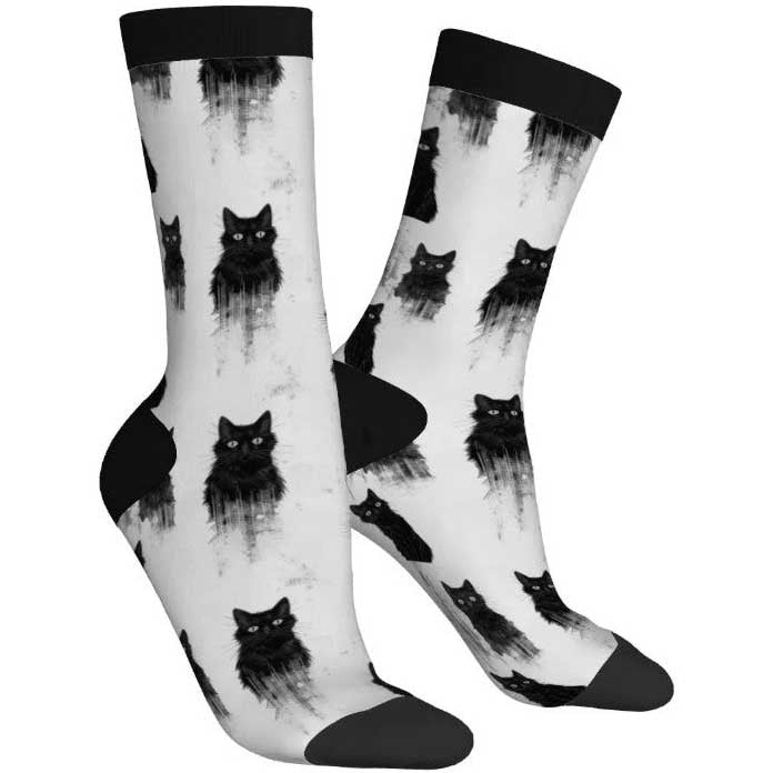 Socks with black cat pattern on white background