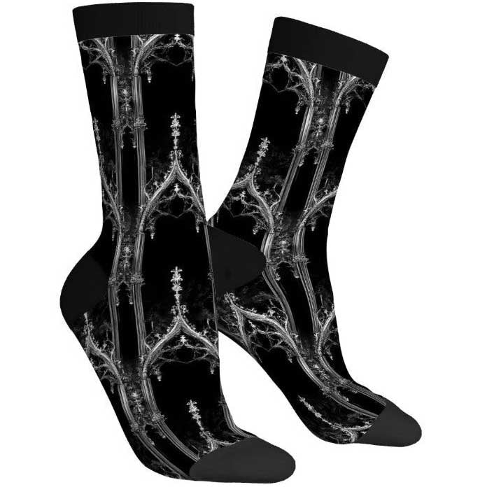Black socks with intricate white patterns on a white background