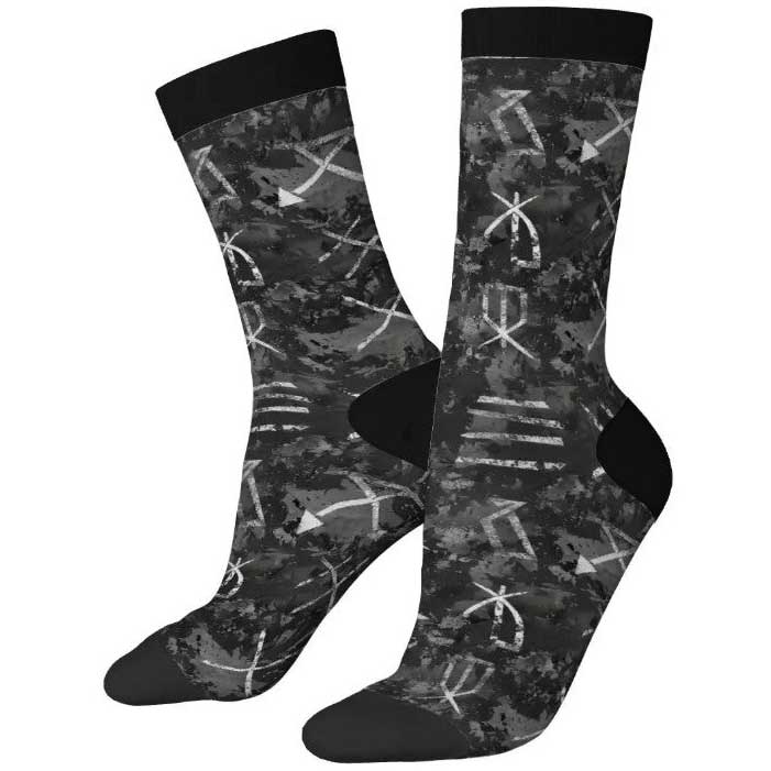 Black socks with white geometric pattern on a white background