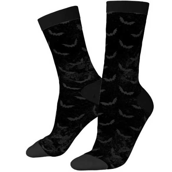 Black socks with a bats pattern on a white background