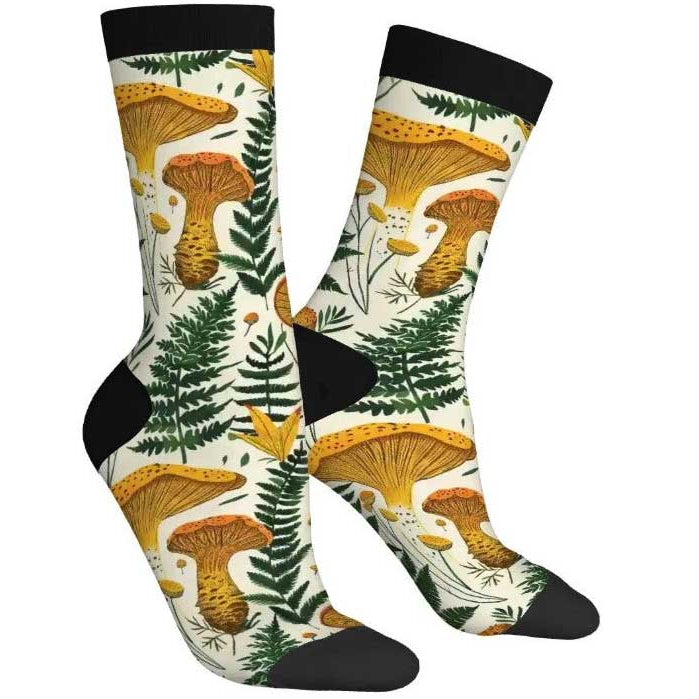 Pair of socks with mushroom and fern pattern on a white background