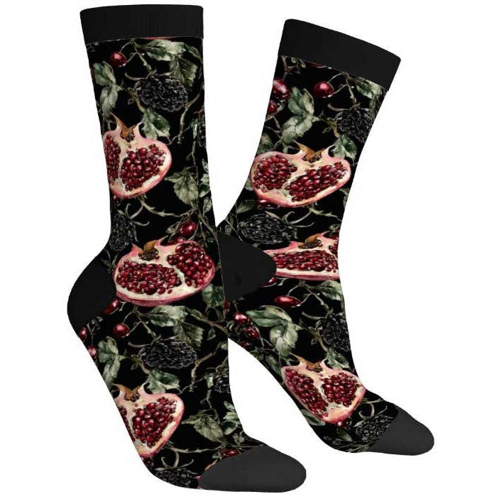 Socks with pomegranate design on a black background