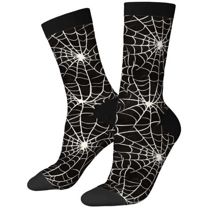 Black socks with white spider web pattern on a white background