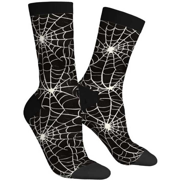 Black socks with white spider web pattern on a white background