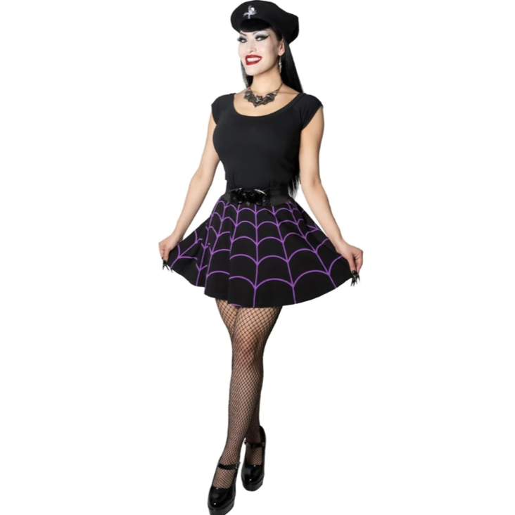 Kreepsville 666 Black Purple Spiderweb Skater Skirt