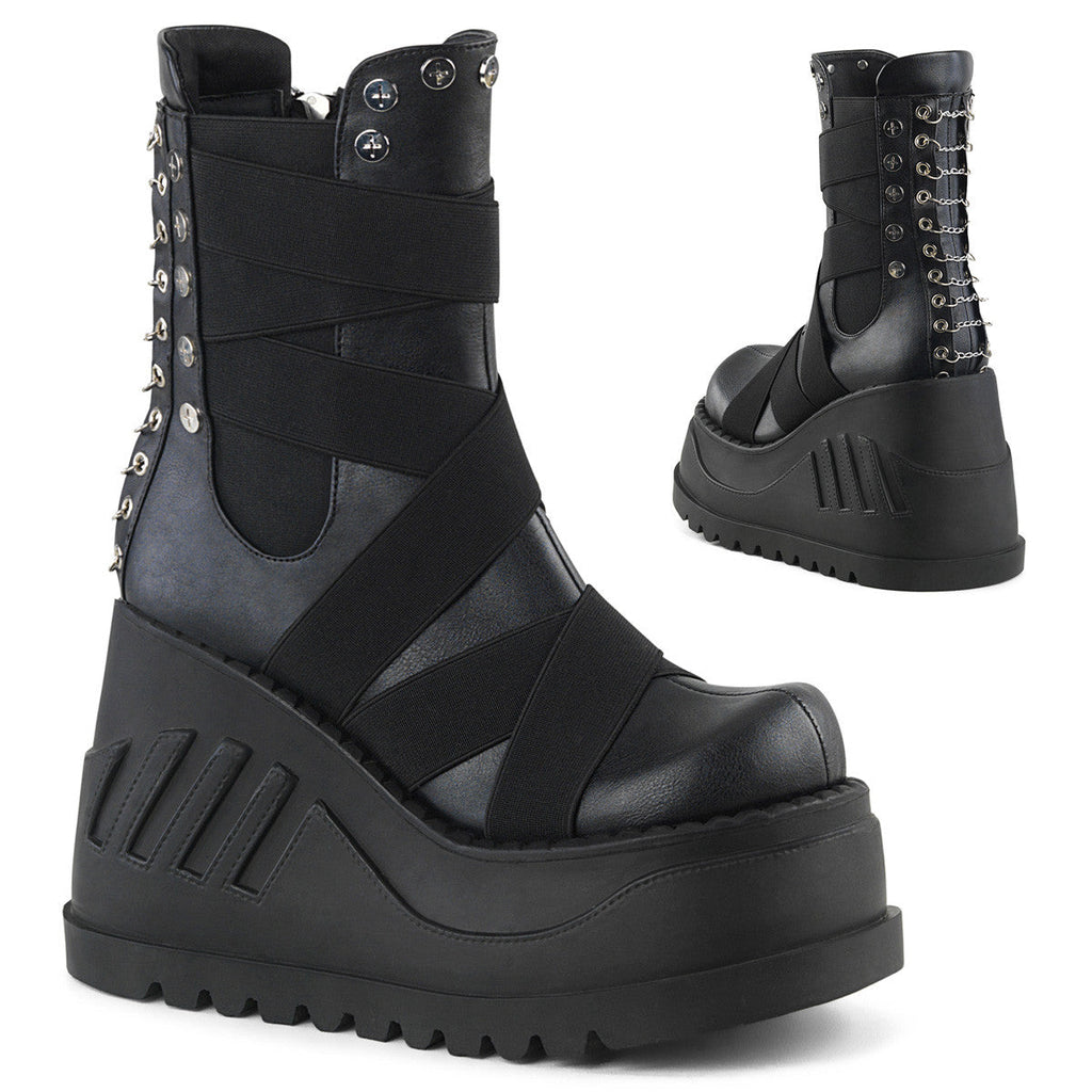 Demonia Stomp 25 Black Vegan Leather with Elastic Bands
