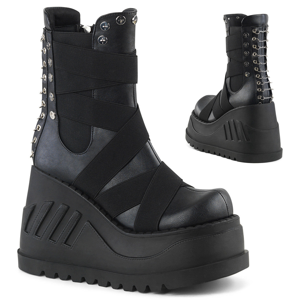 Demonia Stomp 25 Black Vegan Leather with Elastic Bands