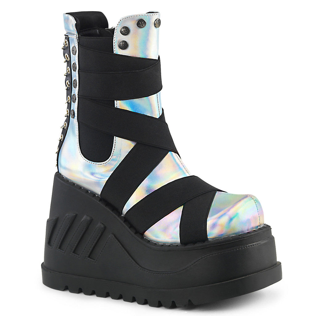 Demonia Stomp 25 Silver Hologram Vegan Leather with Elastic Bands