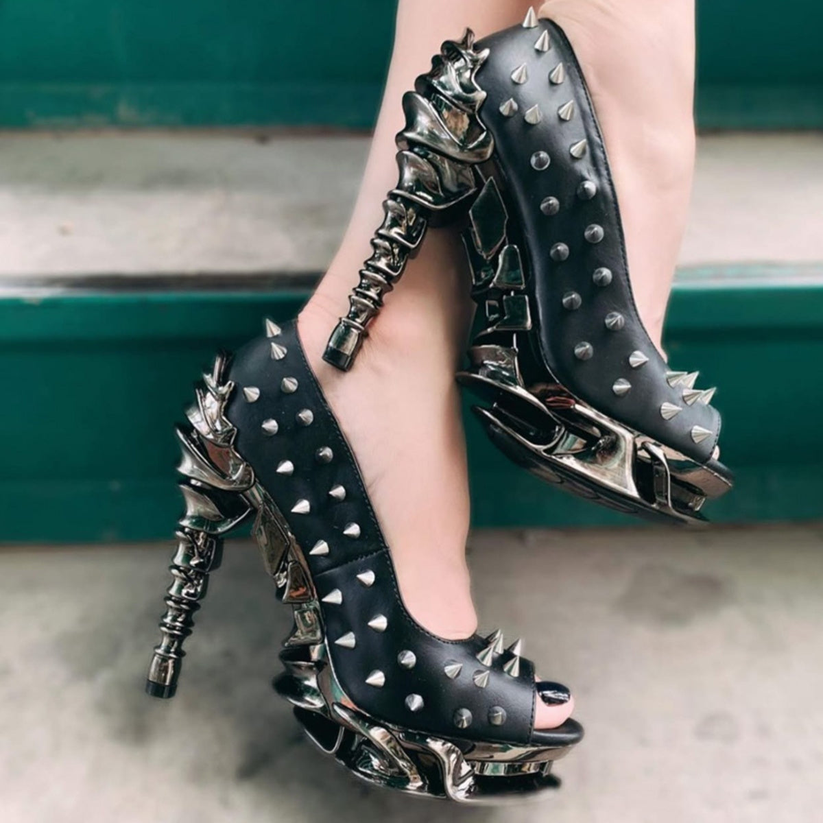 Hades TALON Black Spiked Stud 5" High Spinal Heels Peep Toe