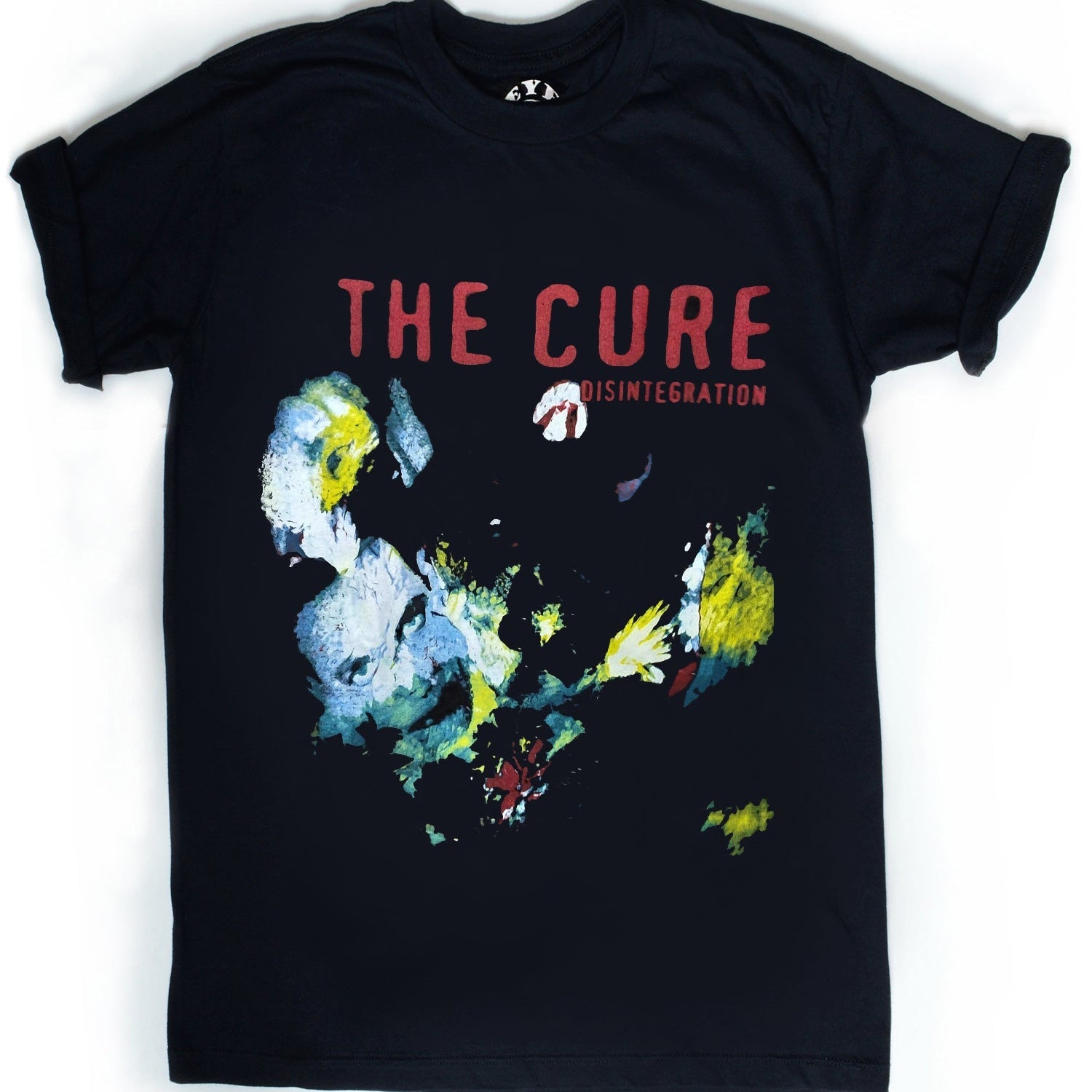 Black t-shirt with 'The Cure' graphic design on a white background