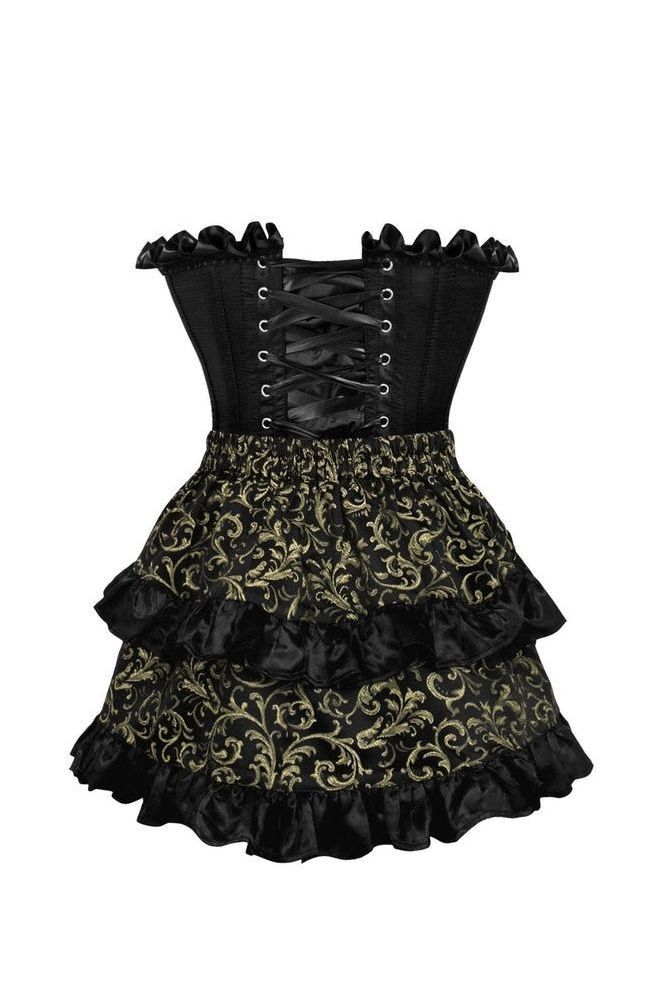 Top Drawer 2 PC Black Satin Steel Boned Burlesque Corset & Gold Brocade Skirt Set - Daisy Corsets