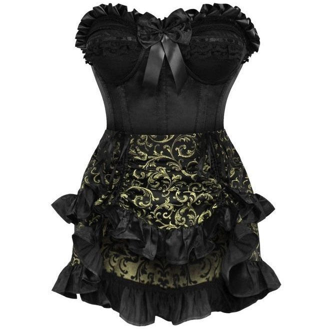 Top Drawer 2 PC Black Satin Steel Boned Burlesque Corset & Gold Brocade Skirt Set - Daisy Corsets