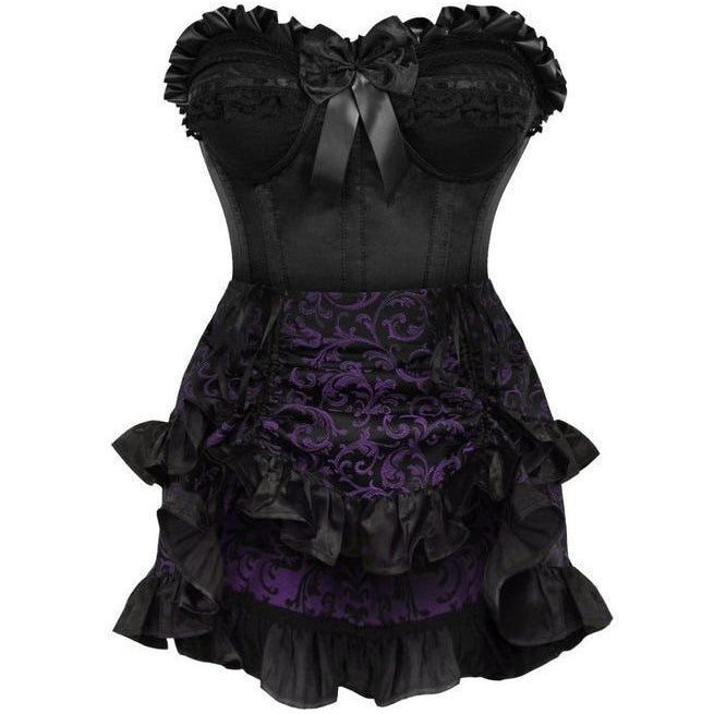 Top Drawer 2 PC Black Satin Steel Boned Burlesque Corset & Purple Brocade Skirt Set - Daisy Corsets