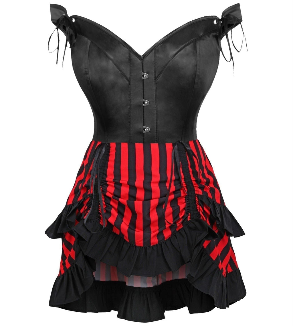 Top Drawer 2 PC Black Satin Steel Boned Corset w/Straps & Striped Skirt Set - Daisy Corsets