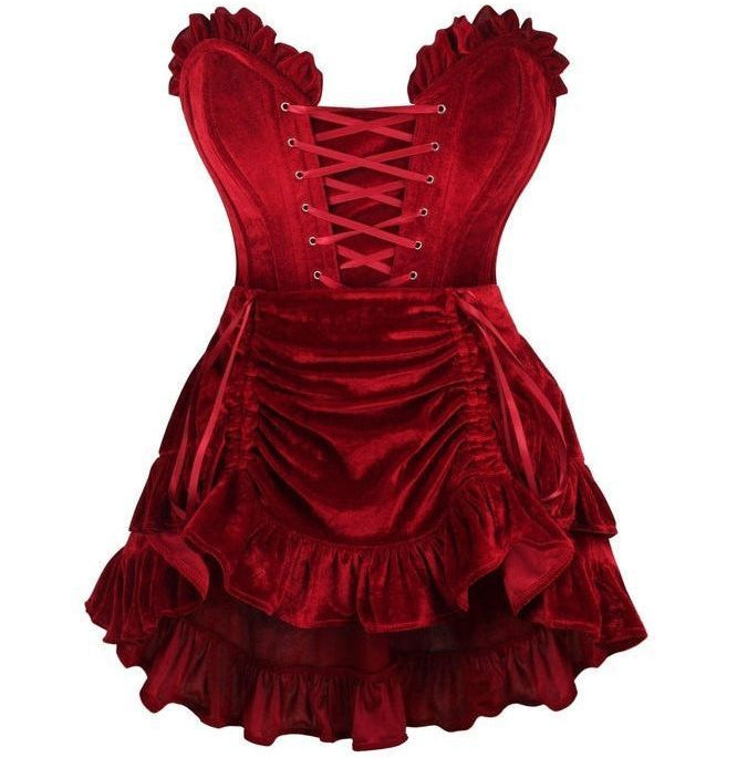 Top Drawer 2 PC Dark Red Velvet Lace - Up Corset & Skirt Set - Daisy Corsets
