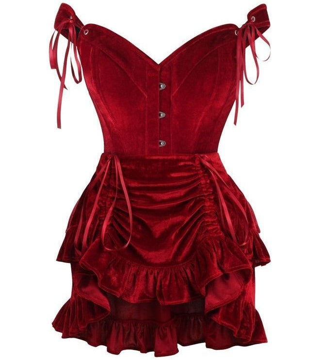Top Drawer 2 PC Dark Red Velvet Steel Boned Corset & Skirt Set - Daisy Corsets