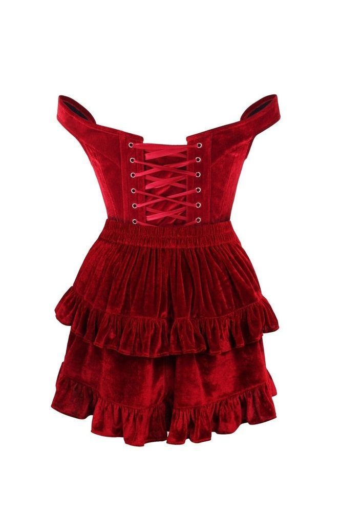 Top Drawer 2 PC Dark Red Velvet Steel Boned Corset & Skirt Set - Daisy Corsets