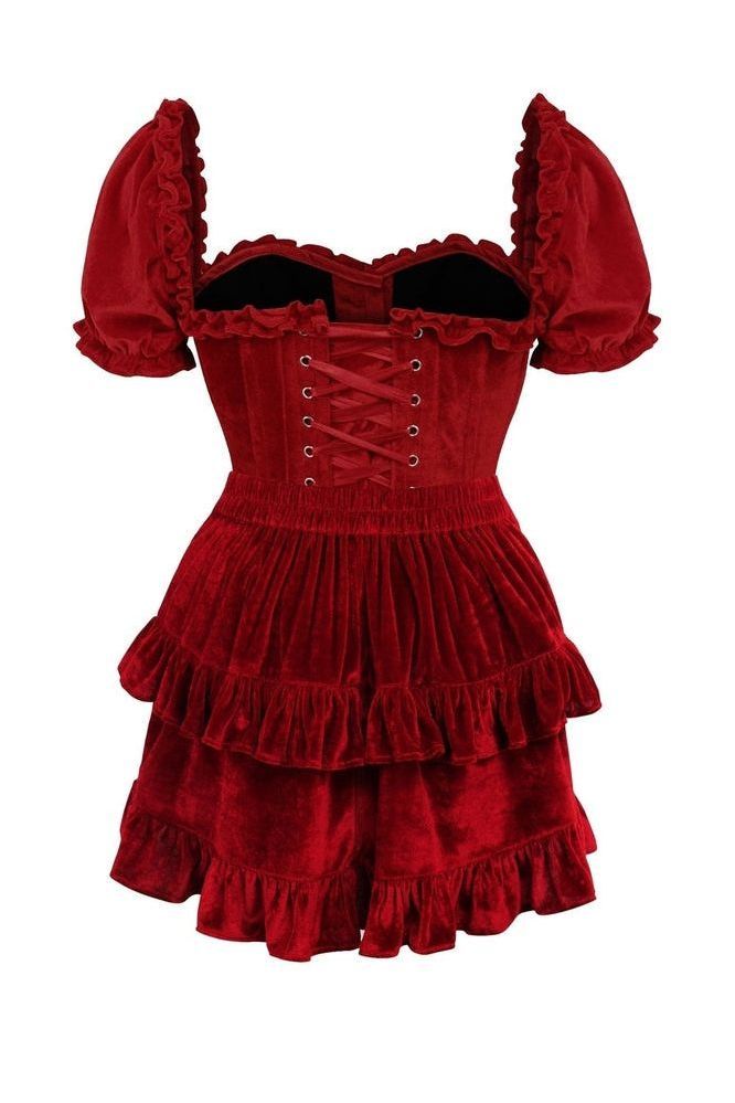 Top Drawer 2 PC Dark Red Velvet Steel Boned Corset w/sleeves & Skirt Set - Daisy Corsets