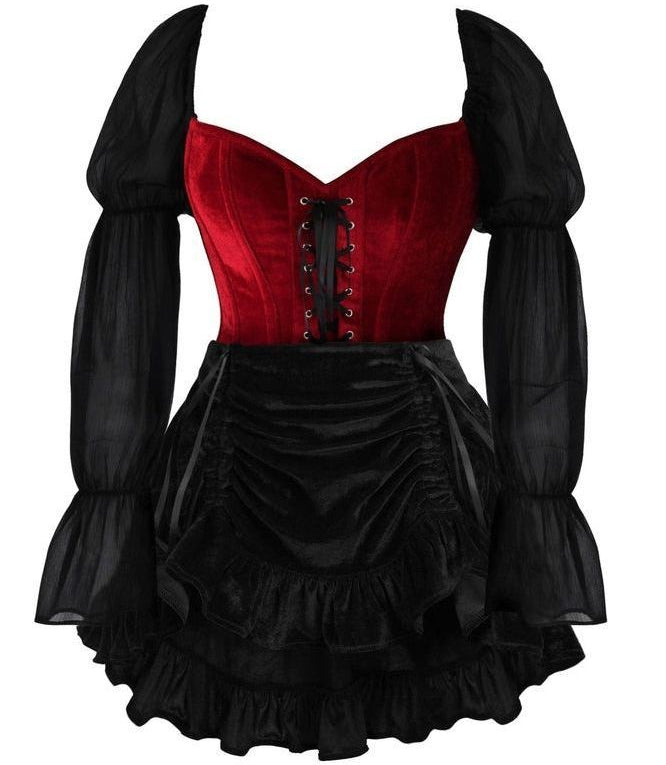 Top Drawer 2 PC Dark Red Velvet Steel Boned Corset w/Sleeves & Skirt Set - Daisy Corsets