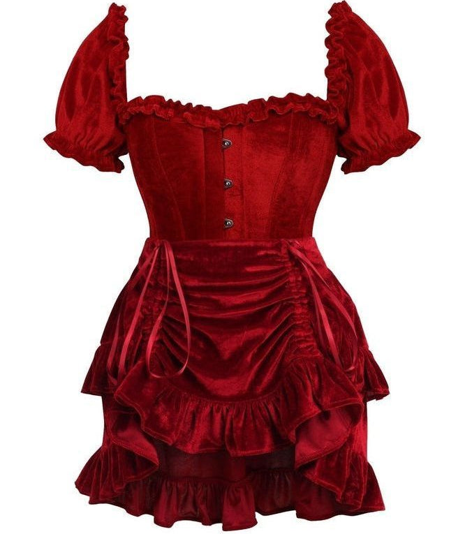Top Drawer 2 PC Dark Red Velvet Steel Boned Corset w/sleeves & Skirt Set - Daisy Corsets