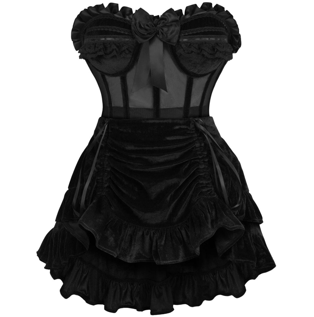 Top Drawer 2 PC Steel Boned Black Mesh & Velvet Underwire Bustier Corset & Skirt Set - Daisy Corsets